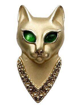 AJC Vintage Egyptian Cat Brooch Gold Tone Green Eyes Signed